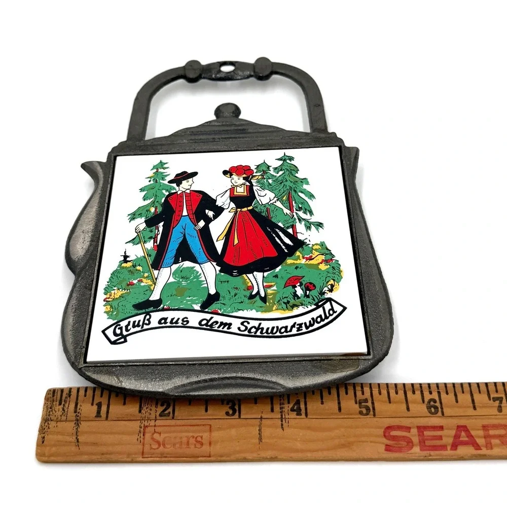 Teapot Trivet 8.5x6.5 Black White Red Green Vintage‎ German Black Forest